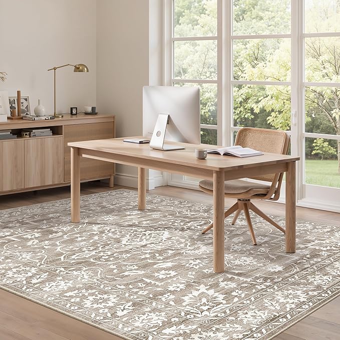 5x7 Area Rugs for Living Room, Washable Vintage Floral Non-Slip Low Pile Natural Rug Soft Throw Carpet for Dining Room Bedroom Home Office Nursery (Light Brown, 5'x7')
