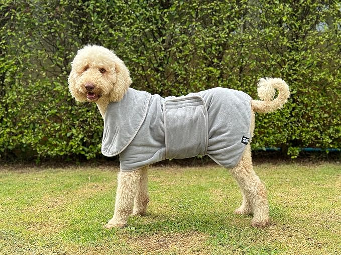 Tuff Pupper Fast Drying Dog Bath Robe | 800 GSM Plush Dog Towel Bathrobe/Dressing Gown | Super Absorbent Pet/Puppy Bathrobe | Adjustable Hood & Belly Strap | Super Soft | Fast Drying (XXXL, Gray)