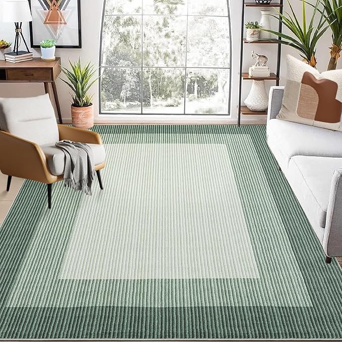 GarveeHome Area Rugs 9x12 Living Room Rug, Modern Bordered Machine Washable Rug Large Soft Geometric Carpet for Bedroom Non Slip Stain Resistant Neutral Solid Carpet for Dining Room Farmhouse, Green
