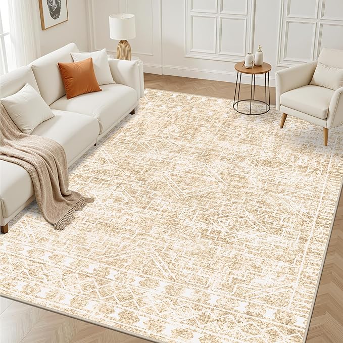 9x12 Area Rugs Living Room Rug: Washable Rug Neutral Lagre Soft Thin Carpet Indoor Floor Non Slip Boho Geometric Moroccan Carpets for Bedroom Dining Room Farmhouse Nursery Office - Beige