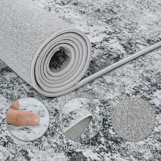 9x12 Area Rug Living Room Rugs - Washable Rug Large Modern Abstract Soft Thin Carpets Indoor Floor No Slip Vintage Carpet for Bedroom Under Dining Table Nursery Home Office Decor Gray White