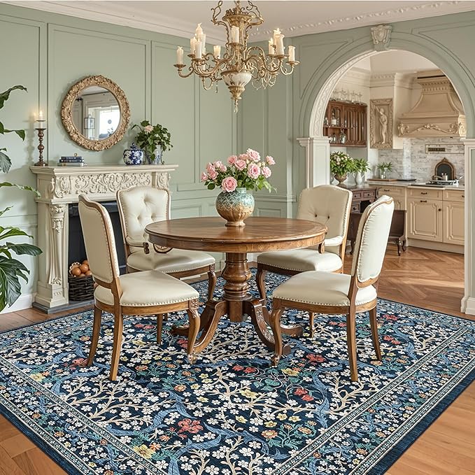 GarveeHome Washable Rug for Living Room, 9x12 Large Area Rug for Dining Room Under Table, Bedroom, Floral Soft Low Pile Non Slip Stain Resistant Carpet for Nursery, Playroom, Office, Dark Blue