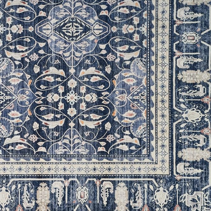 Dark Blue 3x8 Hallway Runner Rug, Kitchen Runners Non Skid Washable 8 ft, Washable Non Slip Ultra Thin Carpet Runner for Entryway Corridor Mudroom Bathroom, Transitional Moroccan Floral Trellis