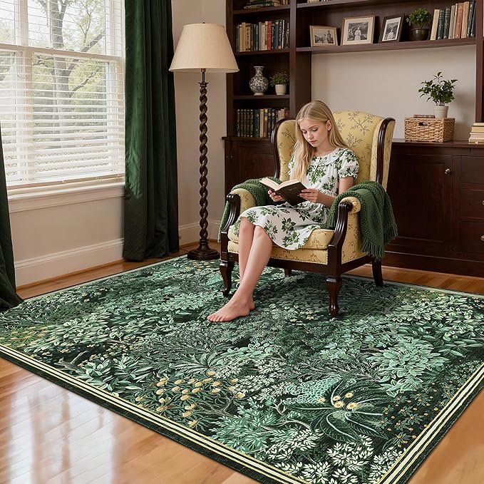 GarveeHome Forest Rugs 6x9, Dark Green Washable Area Rug for Living Room, Botanical Low Pile Non Slip Stain Resistance Woodland Area Rug for Farmhouse, Bedroom, Dining Room