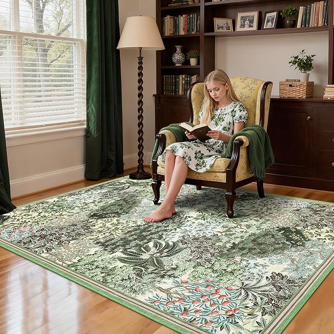 GarveeHome Forest Rugs 8x10, Beige Green Washable 8x10 Area Rug for Living Room, Botanical Low Pile Non Slip Stain Resistance Large Carpet for Office Dining Room, Farmhouse