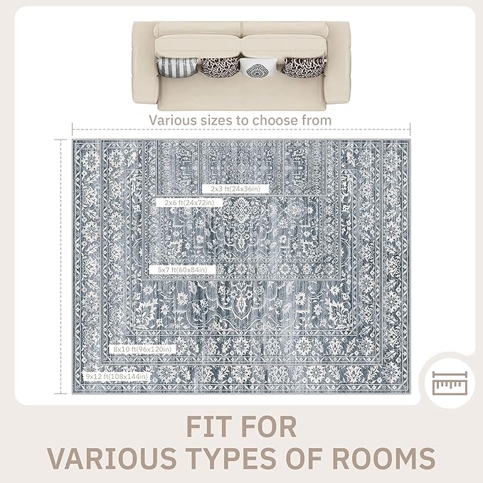 6x9 Area Rugs for Living Room, Stain Resistant Neutral Washable Rugs for Bedroom, Floral Vintage Non-Slip Soft Throw Carpet for Dining Room Farmhouse (Blue, 6'x9')