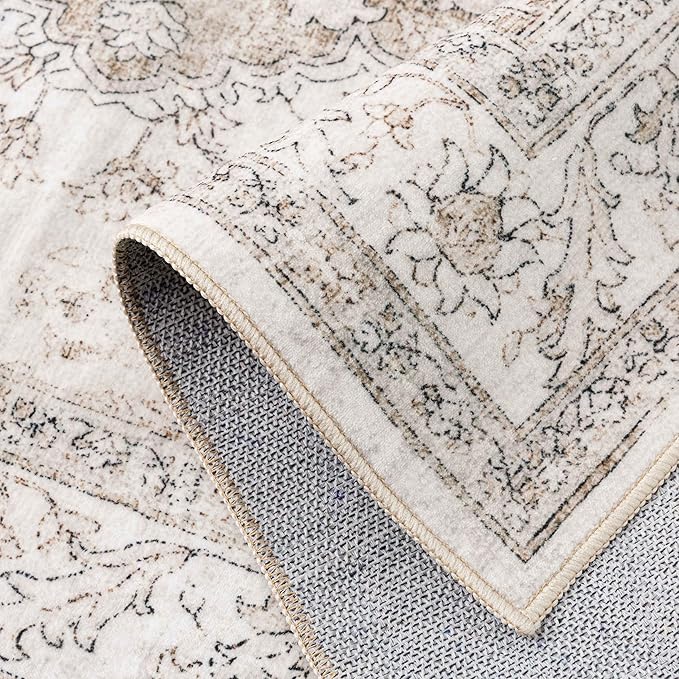 Beige Area Rug 8x10 Washable Vintage Carpet for Living Room Bedroom Large Soft Retro Low Pile Thin Indoor Rug Non Slip Oriental Medallion Floor Cover for Dining Room Office