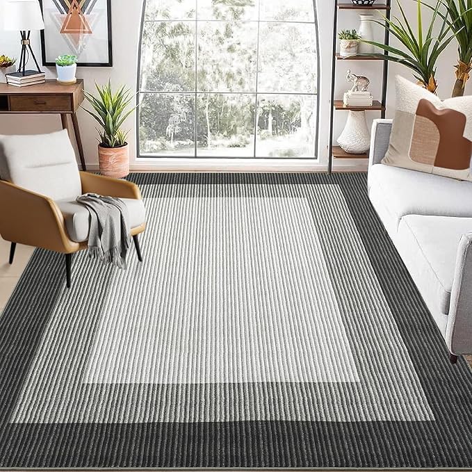 GarveeHome Machine Washable Rugs 5x7 Rugs for Bedroom Living Room, Modern Border Solid Rug Non-Slip Stain Resistant Neutral Accent Carpet for Dining Room Table Apartment Office Grey
