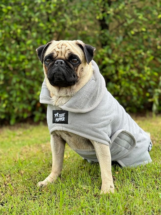 Tuff Pupper Fast Drying Dog Bath Robe | 800 GSM Plush Dog Towel Bathrobe/Dressing Gown | Super Absorbent Pet/Puppy Bathrobe | Adjustable Hood & Belly Strap | Super Soft | Fast Drying (S, Gray)
