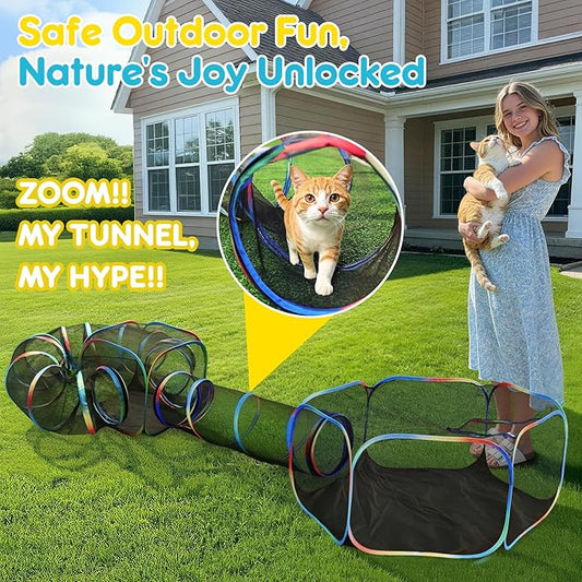 Outdoor Cat Enclosure - 4-in-1 Portable Cat Tunnels with Tent, Cube, Collapsible Catio for Cat Run Outside, Pop up Enclosed Playground for Indoor Cats, Kitty & Small Animals