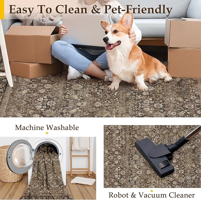 HUGEAR 2'6''x12 Runner Rug Machine Washable Brown Hallway Area Rug Indoor Accent Rug Floral Low Pile Carpet Soft Throw Rug Bedroom Living Room Office Dining Room Kitchen Laundry Room Non Slip