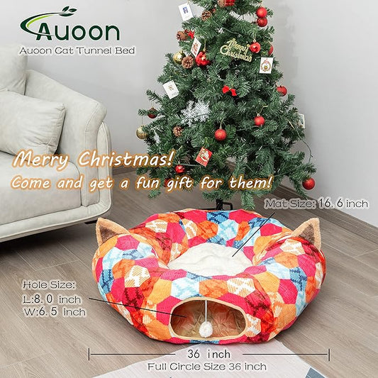 AUOON Cat Tunnel Bed for Indoor Cats - Large Cat Donut Tunnel with Hanging Ball Toy, Collapsible 2-in-1 Multifunctional Interactive Cat Toy for Kitten, Puppy, Rabbit, Ferret (Orange)