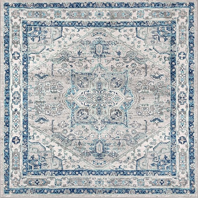 JONATHAN Y Modern Vintage Medallion Light Gray/Blue 8x8 Square Indoor Area Rug, Country, Floral, Easy-Cleaning for Living Room, Bedroom, Kitchen, Pet Friendly, Non-Shedding (MDP106A-8SQ)