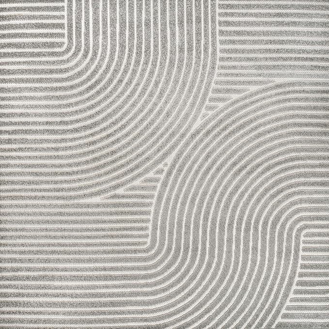 JONATHAN Y Hallie High-Low Curve Gray/Ivory 8x8 Square Indoor/Outdoor Area Rug, Minimalist, Pet Friendly, Non-Shedding, Stain Resistant, Hose-Washable for Backyard, Patio, Porch (SCN100A-8SQ)