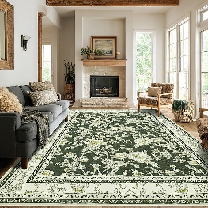 Olive Green Floral Print Area Rugs for Bedroom Living Room Boho Farmhouse Country Rustic Dining Room Carpet Soft Washable Rugs Non Slip Floor Covering for Nursery Playroom 10x12