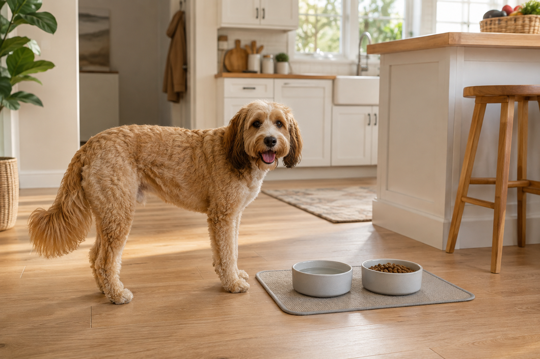 Organized dog feeding area with bowls on a mat in a bright home kitchen