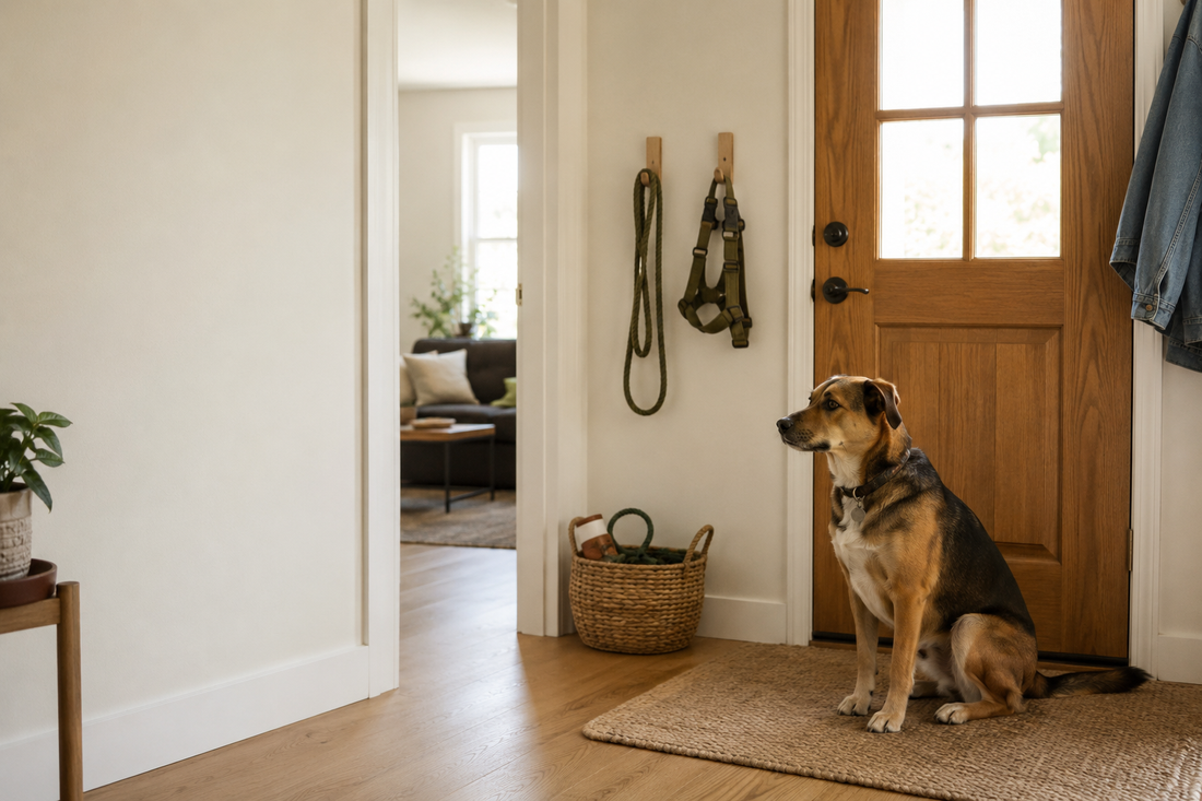 Dog walking station near a home entryway with leash, harness, and basket