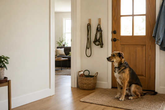 Dog walking station near a home entryway with leash, harness, and basket