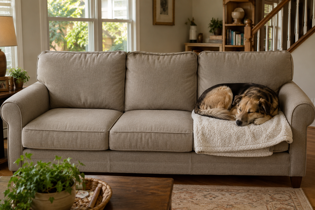 Dog resting on one section of a sofa with a pet blanket