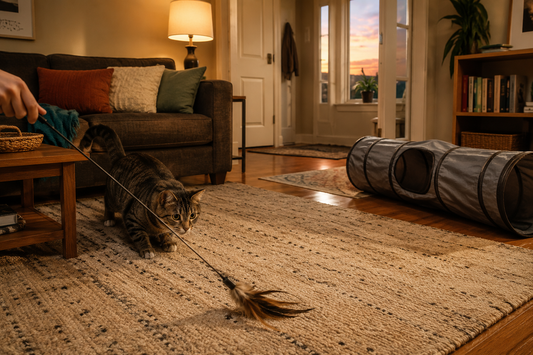 Indoor cat playing with a teaser in a bright living room during an evening routine