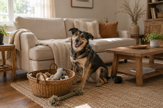 Dog beside an organized toy basket in a bright everyday living room