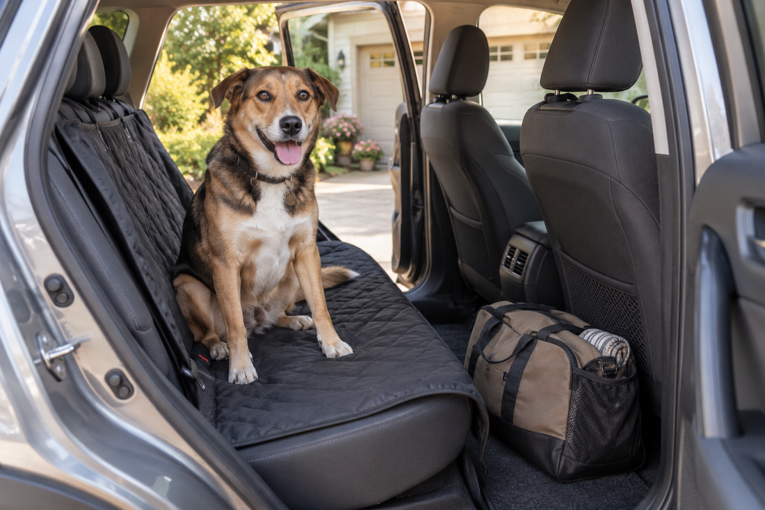 Dog sitting on a covered rear car seat beside a neatly packed weekend travel bag