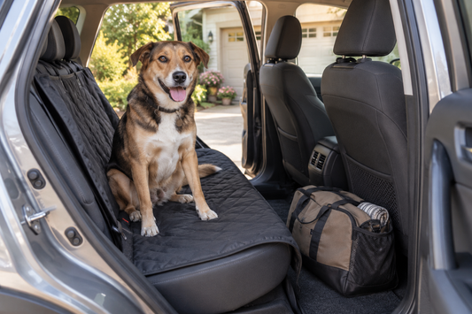 Dog sitting on a covered rear car seat beside a neatly packed weekend travel bag