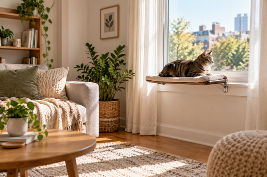 Indoor cat resting on a window perch in a bright small apartment living room