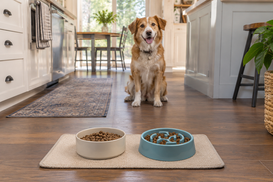 Slow feeder and regular dog bowl side by side on a clean feeding mat in a home kitchen