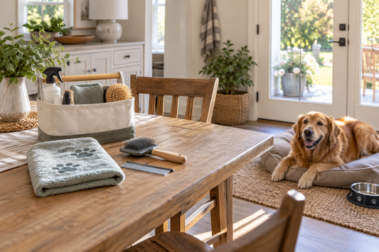 Dog and cat grooming tools organized on a clean table in a bright home