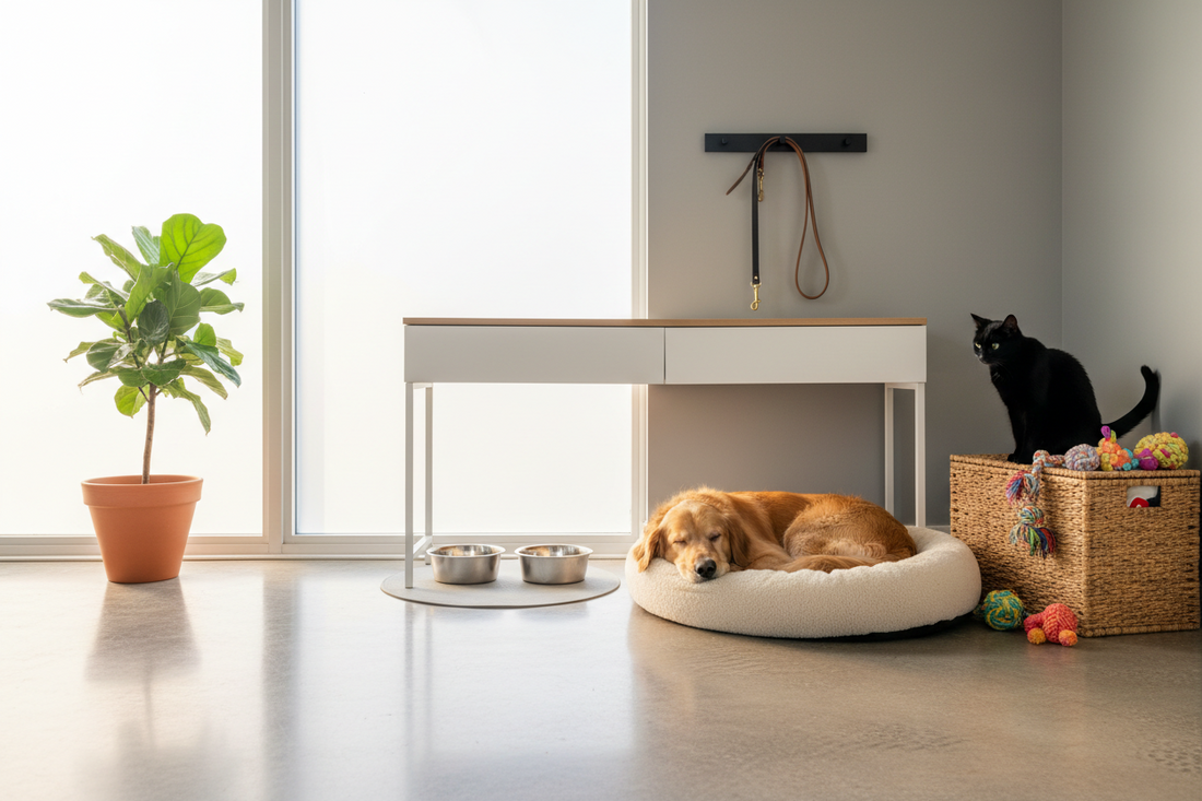 Pet essentials arranged in a clean home for dogs and cats