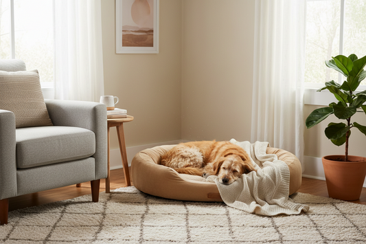 Dog resting on a soft bed in a cozy home corner