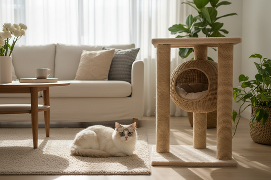 Cat relaxing near a scratching post and cozy hideaway