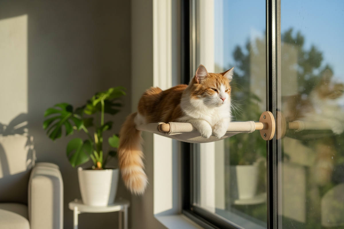 Pet relaxing on a window perch enjoying sunlight and outside view
