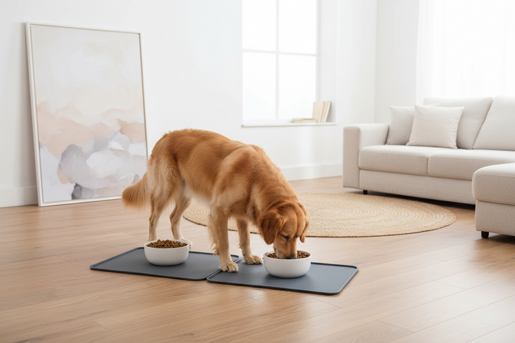Pet food mat under bowls preventing spills and keeping feeding area clean