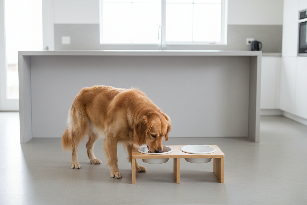 Dog eating from elevated feeding bowls and stand for comfortable and clean mealtime