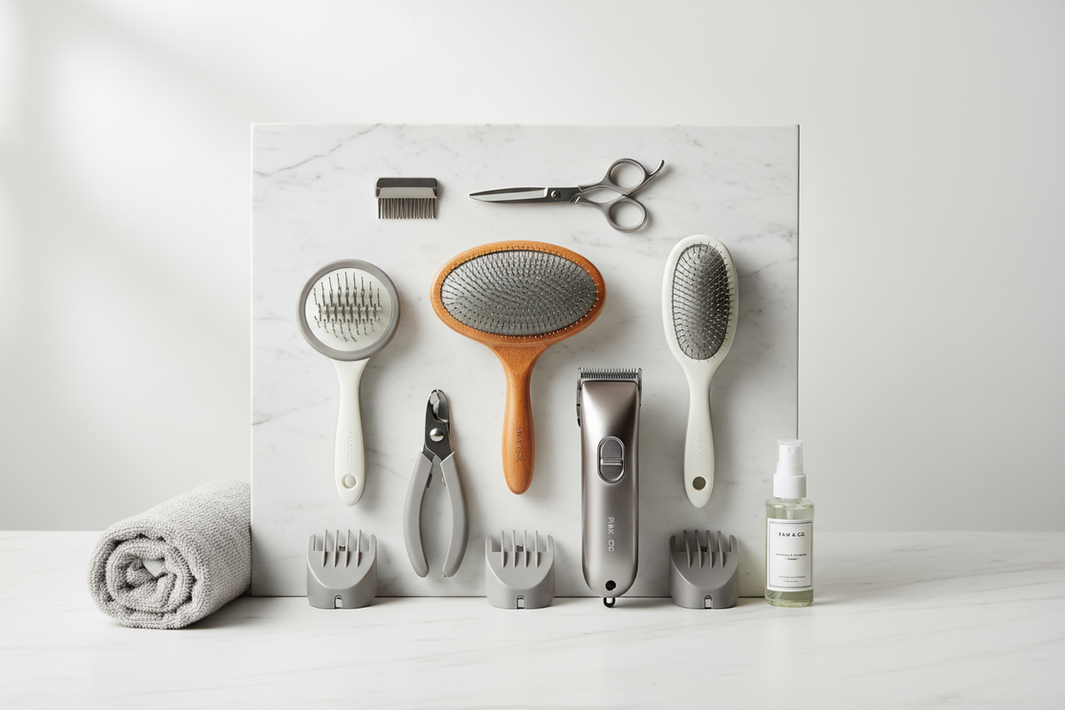 Pet grooming kit with brushes, clippers, and nail tools for complete home care