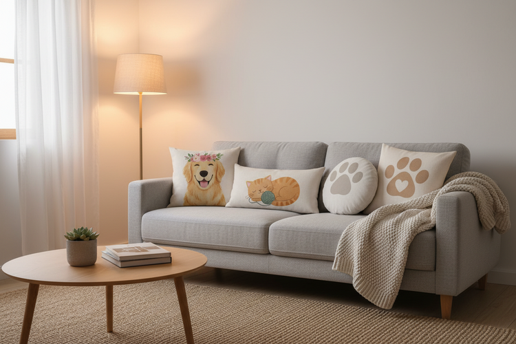 Pet-themed cushions with dog and cat designs adding a cozy touch to home decor