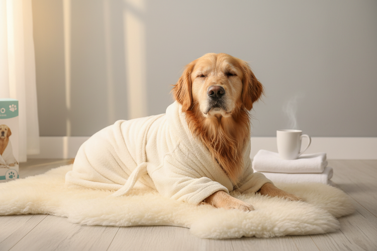 Dog wrapped in a soft towel or robe after bath for quick drying and comfort