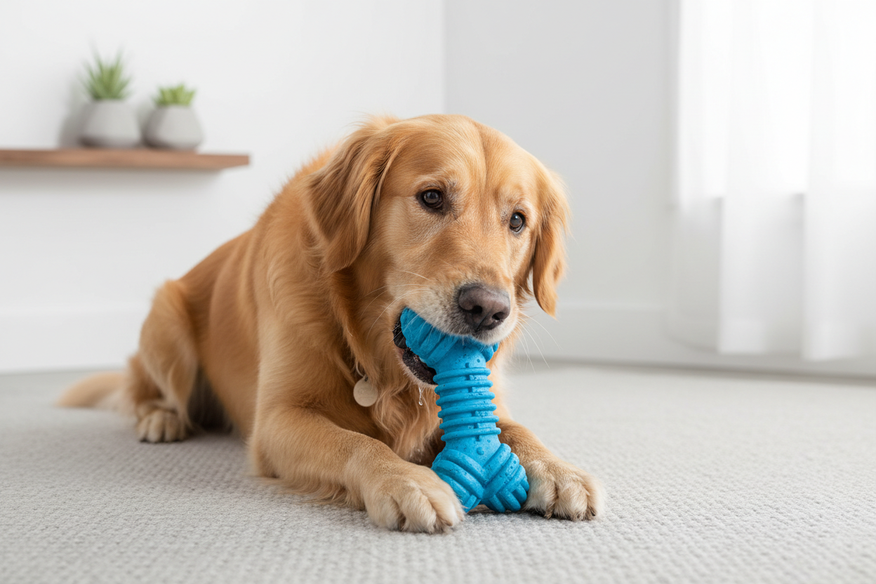 Dog chewing on a durable toy designed for dental health and long-lasting play