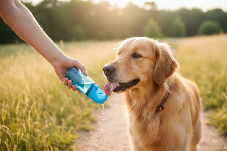 Dog drinking from a portable travel water bottle during outdoor activity