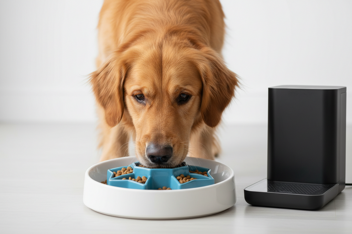Dog using a slow feeder bowl to eat slowly and improve digestion