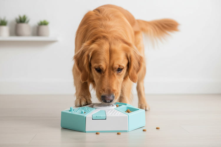 Dog playing with an interactive puzzle toy for mental stimulation and engagement