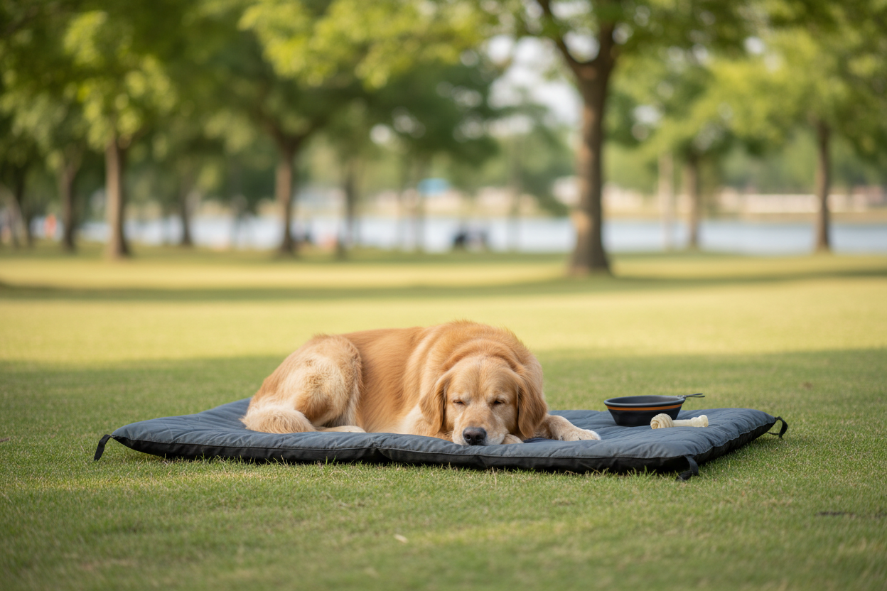 Dog resting on a portable travel bed for comfort during outdoor activities