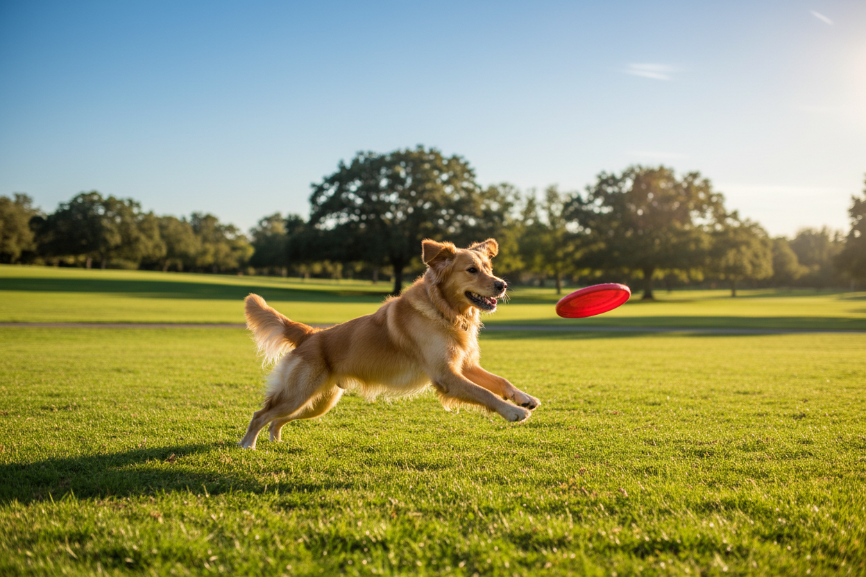 Dog running and chasing a fetch toy during outdoor play
