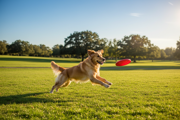 Dog running and chasing a fetch toy during outdoor play