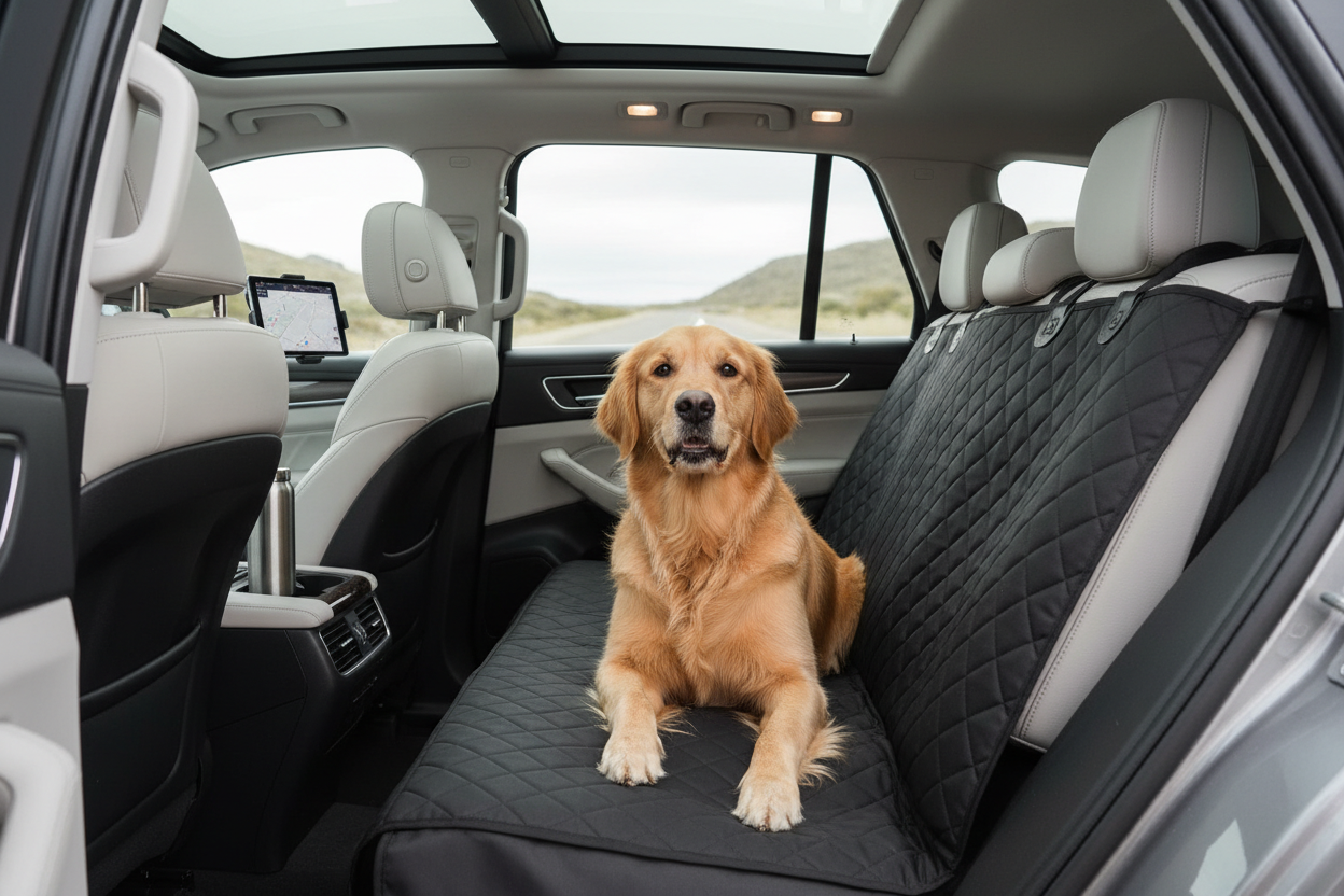 Dog sitting on a car seat cover protecting seats during travel