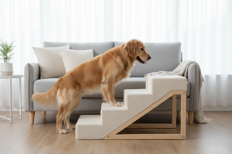 Dog using pet stairs or ramp for safe and easy access to furniture