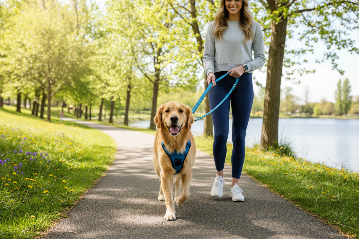 Dog wearing a harness and leash during a safe outdoor walk