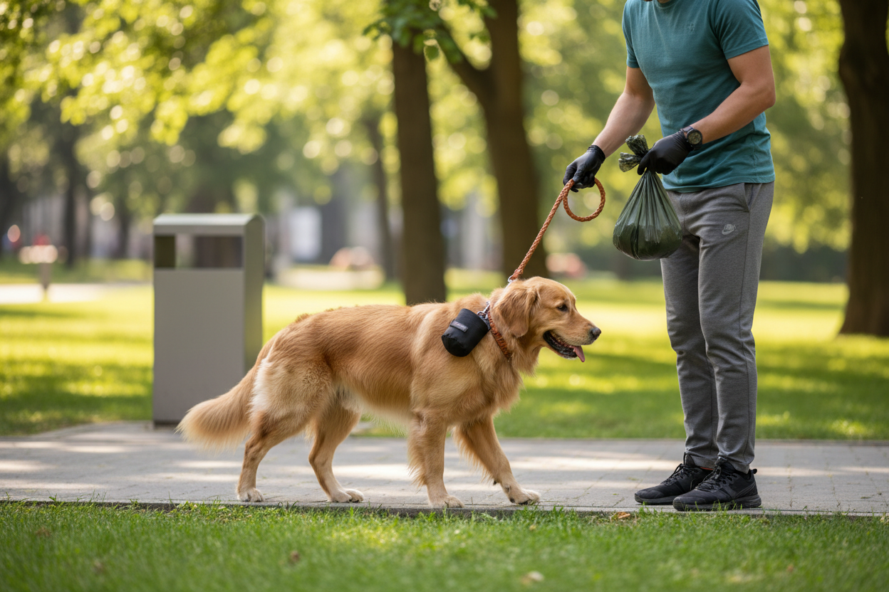 Dog poop bag holder attached to leash for convenient and clean outdoor walks